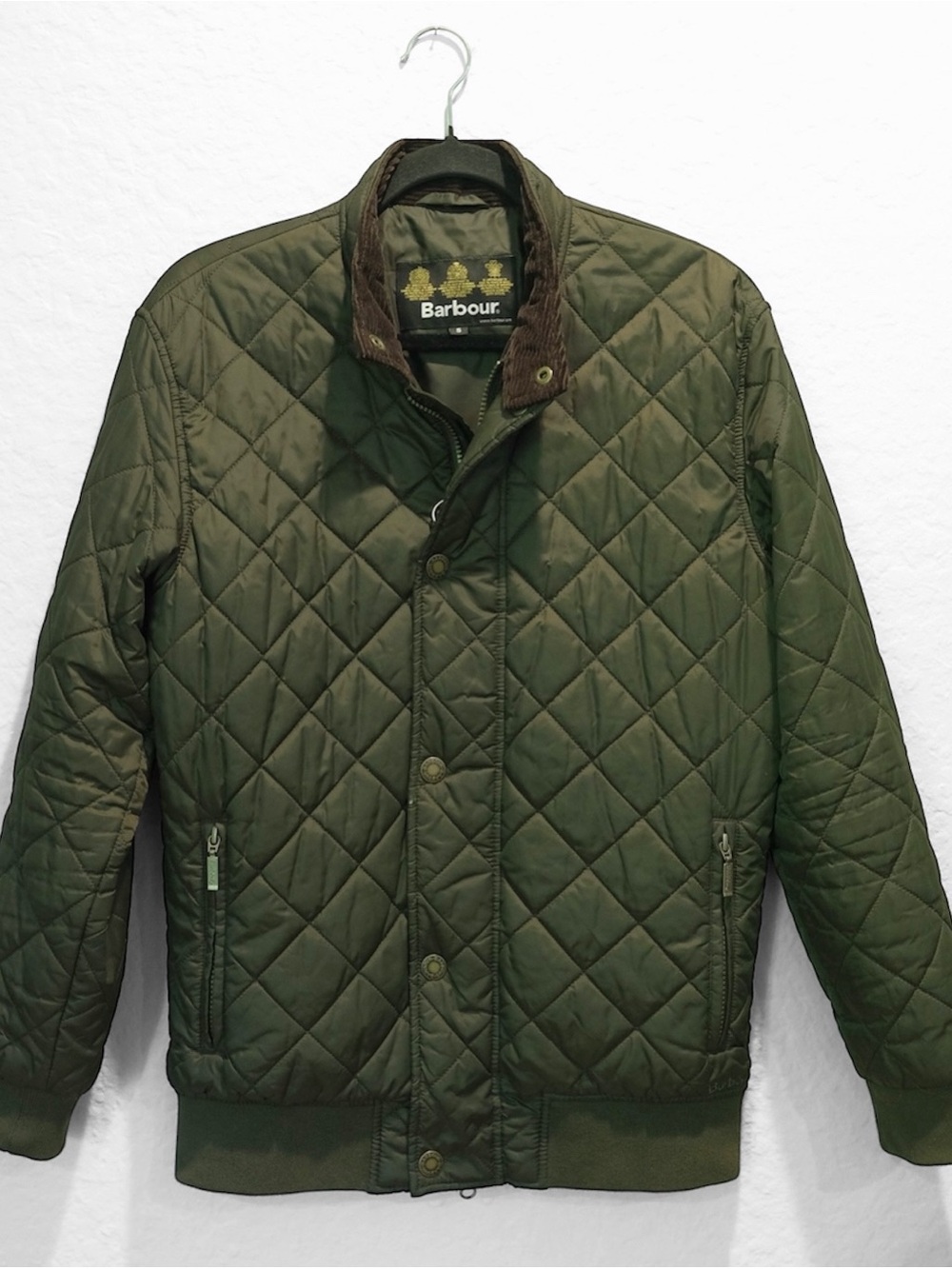 Barbour Moss Jacket Quilted Bomber Men’s Size S Olive Green Zip Snap Luxury